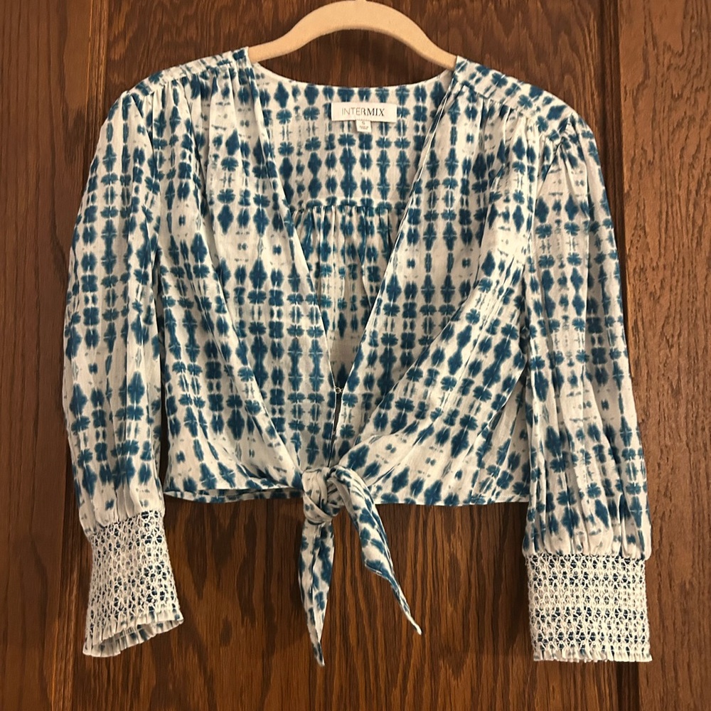 INTERMIX Tie-Front Blouse in Blue and White